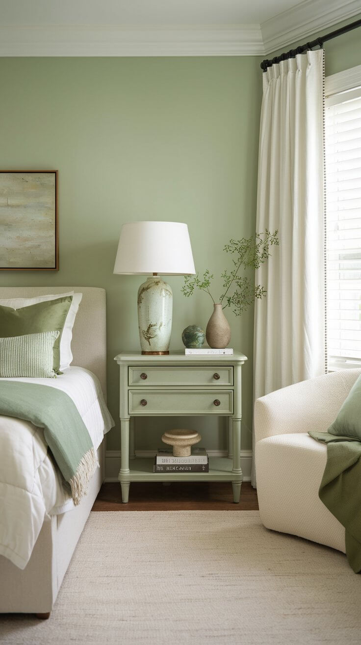 A bottle green nightstand sits in a serene bedroom with green accents and decor