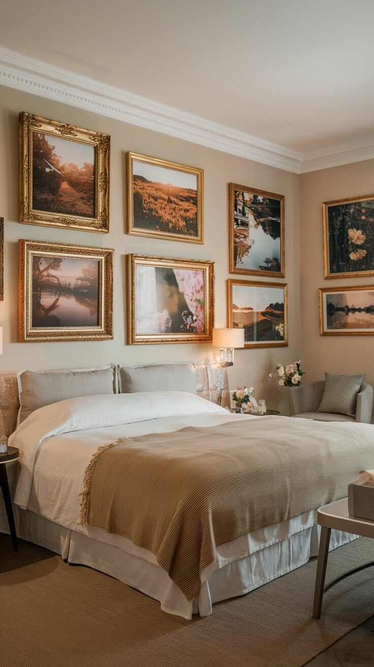 A cozy master bedroom with soft lighting, adorned with gold picture frames showcasing romantic landscapes and moments