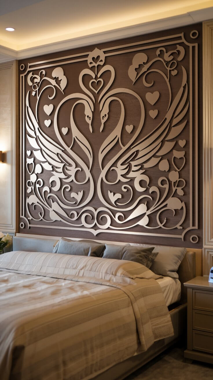 A cozy bedroom with a large personalized wall art piece above the bed, featuring romantic and elegant designs for a couple's retreat