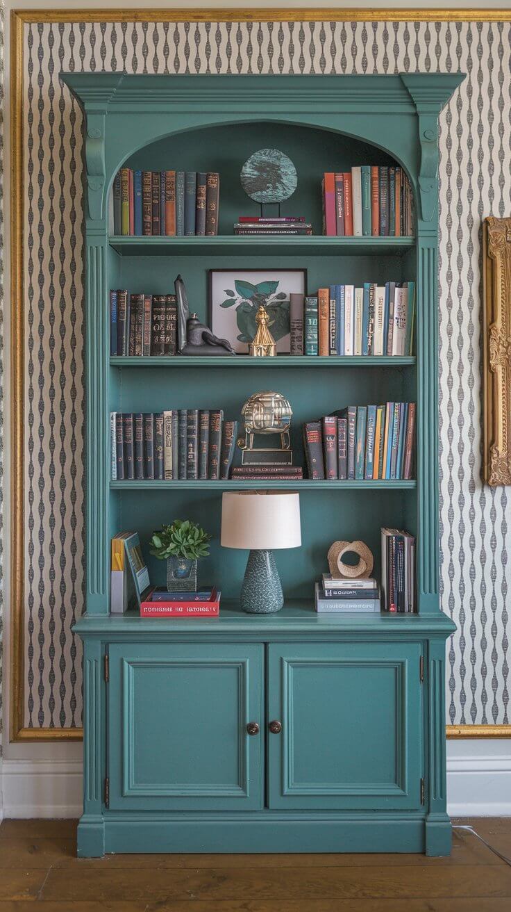 A teal green bookshelf filled with books and decor, set against a backdrop