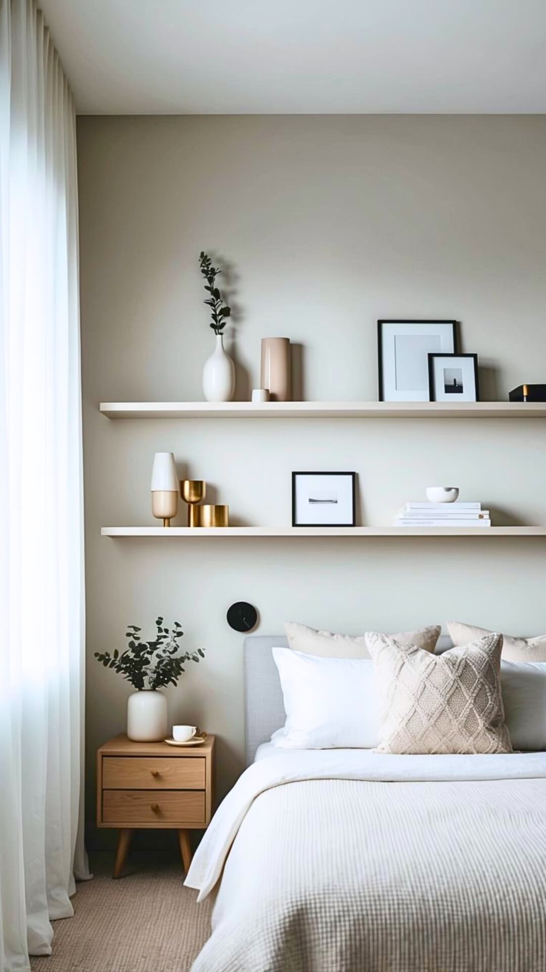 A serene bedroom with floating shelves displaying minimalist decor and clean lines