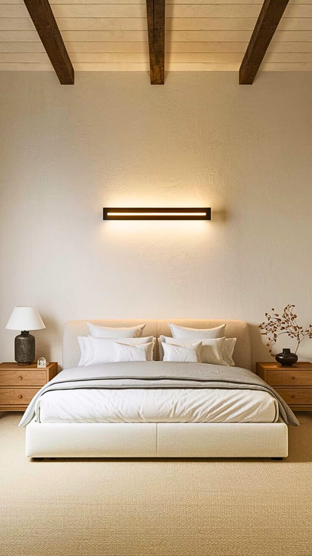 A sleek industrial wall sconce illuminates a minimalist bedroom with clean lines and neutral colors