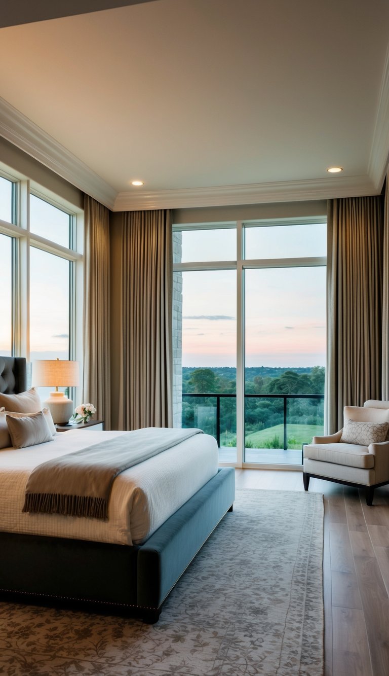 A spacious master bedroom with a cozy king-sized bed, soft lighting, and elegant decor. A large window overlooks a serene view of nature