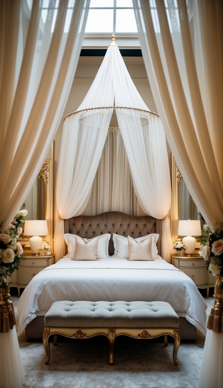 A luxurious canopy bed with sheer drapes, surrounded by soft lighting and elegant decor, creates a romantic and intimate atmosphere for couples