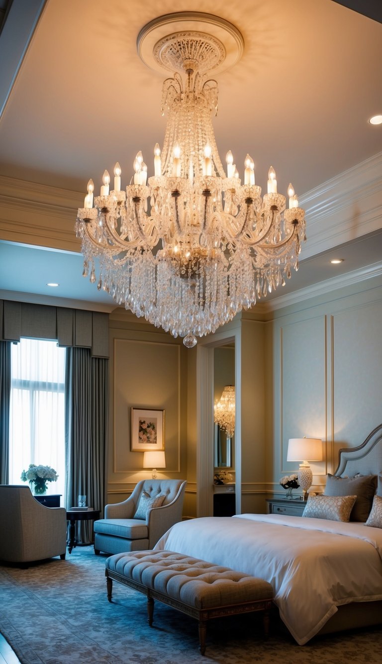 A grand chandelier hangs above a luxurious master bedroom, casting a warm and romantic glow over the elegant furnishings and plush bedding