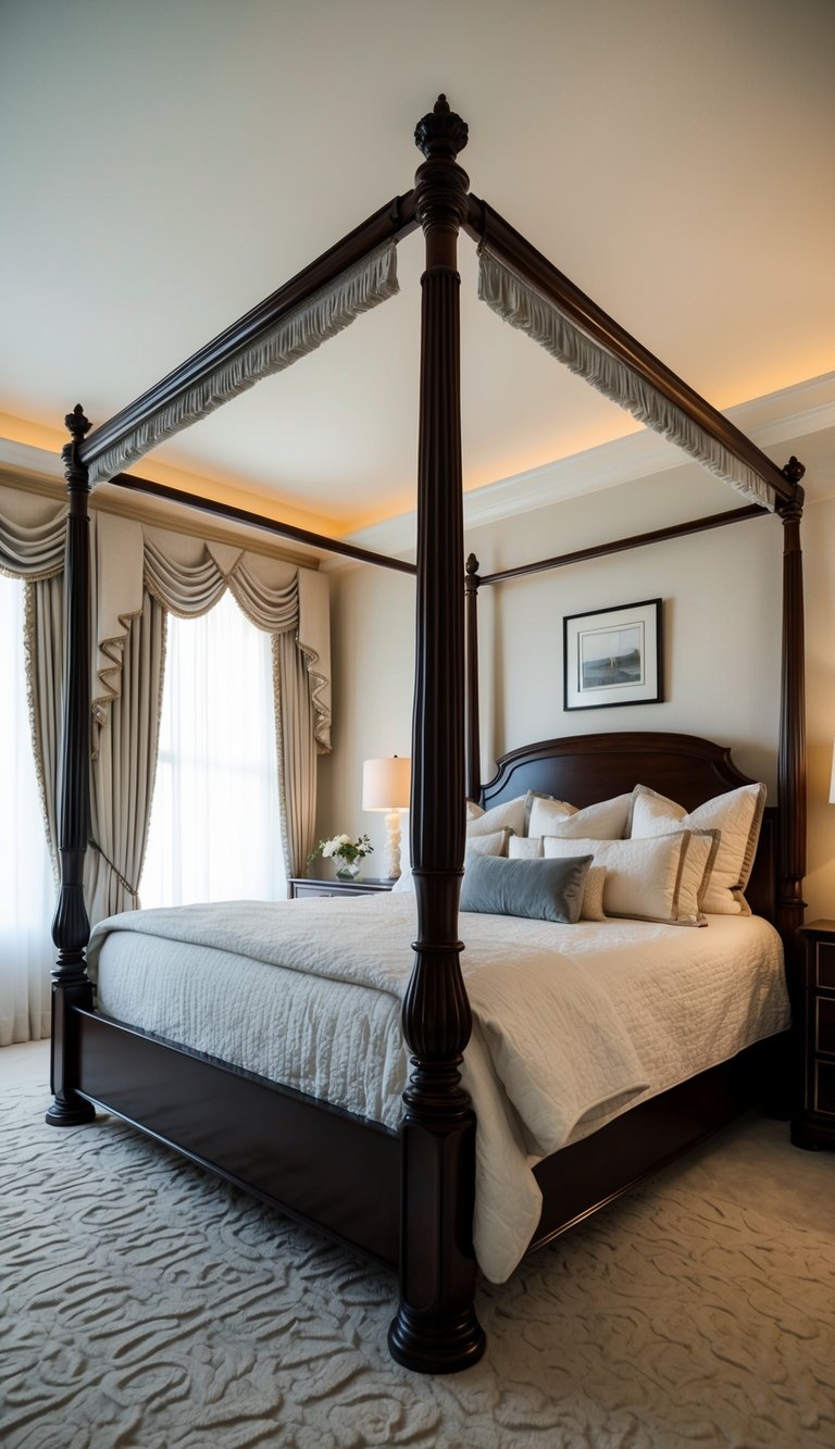 A luxurious four-poster bed with elegant drapes, plush bedding, and soft lighting in a spacious master bedroom