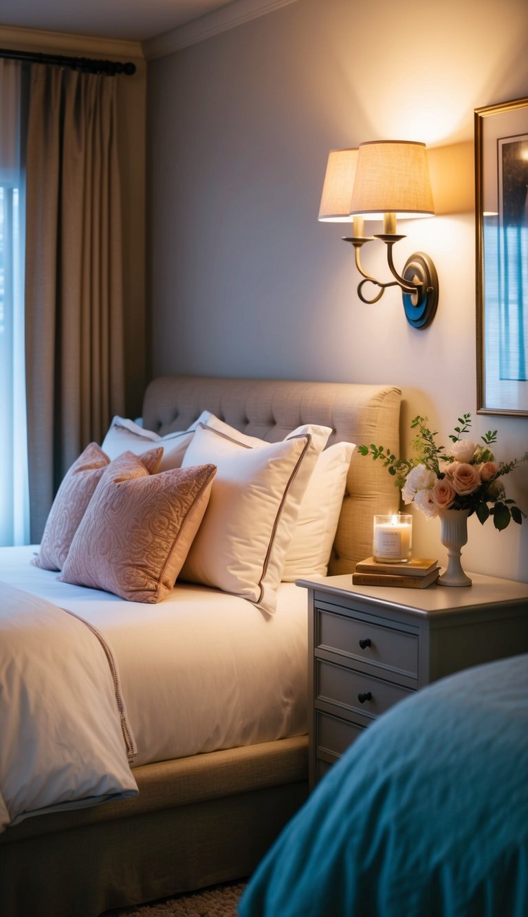 A cozy bedroom with soft sconce lighting, adorned with romantic touches for a couple's retreat