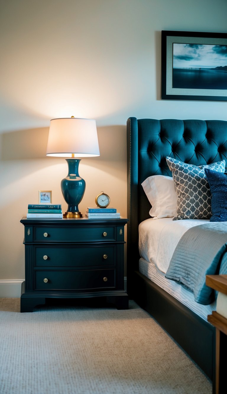 Two nightstands with lamps, books, and personal items sit on either side of a large, comfortable bed in a spacious, well-decorated master bedroom