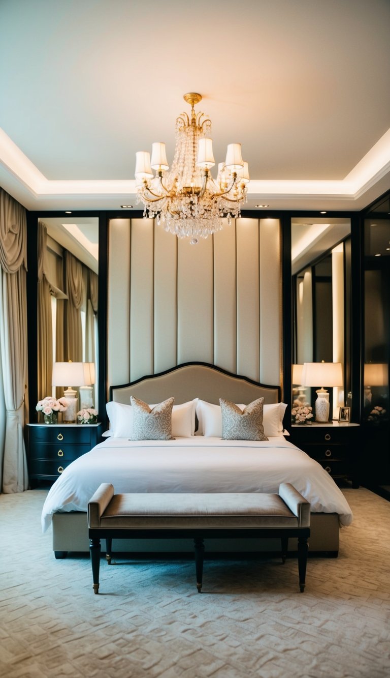 A luxurious master bedroom with a floor-to-ceiling headboard, adorned with elegant decor and soft lighting, creating a romantic and intimate atmosphere for couples