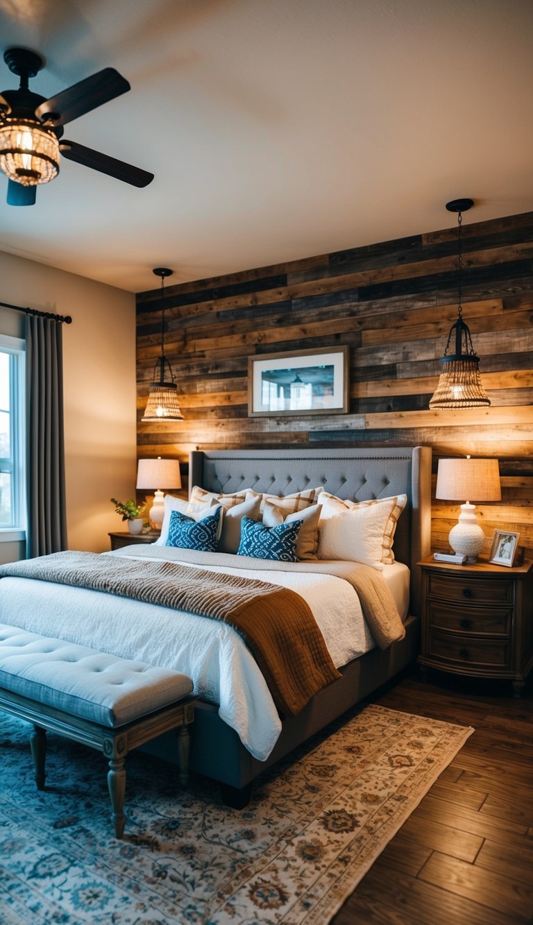 A cozy, spacious master bedroom with a rustic wood accent wall, warm lighting, and stylish decor