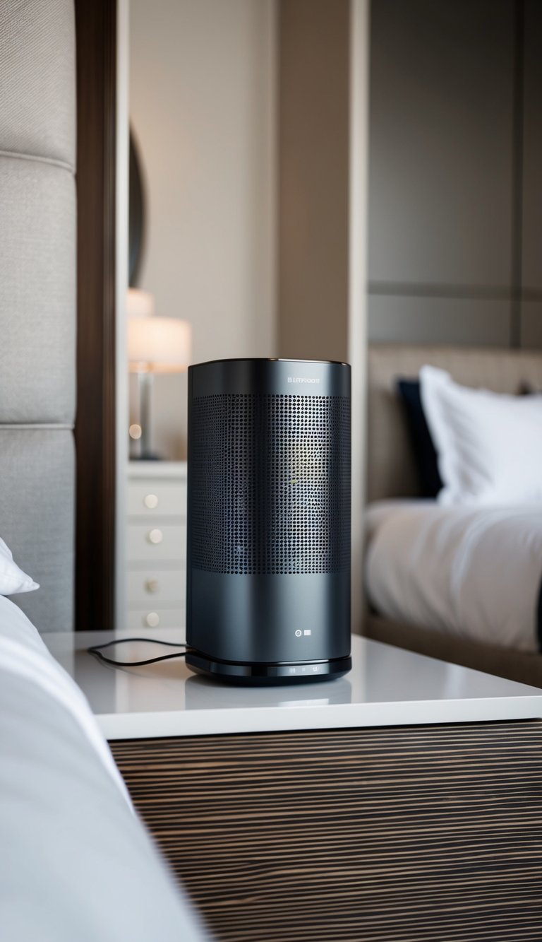 A sleek Bluetooth sound system sits on a modern nightstand in a spacious, elegantly designed master bedroom