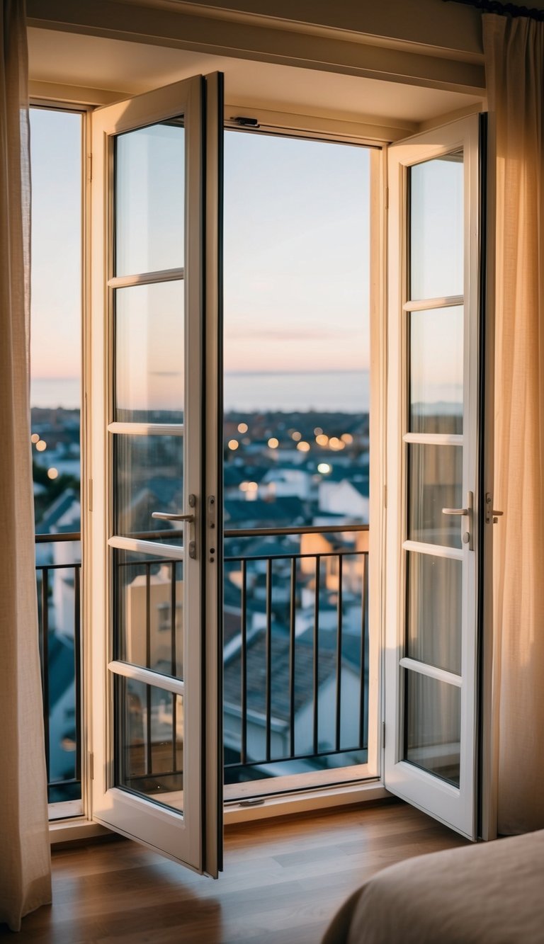 French doors open to a balcony with a view. Cozy master bedroom ideas for couples