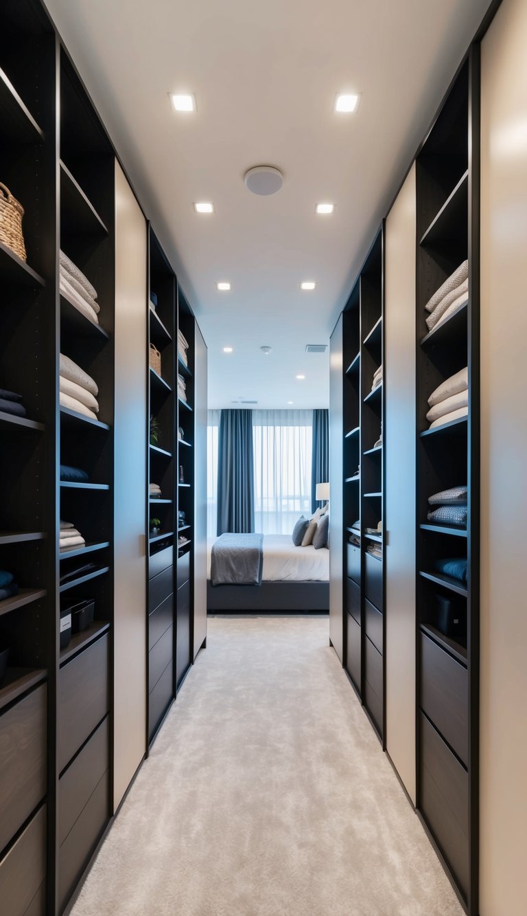 Two spacious walk-in closets in a modern master bedroom, with sleek organization systems and ample storage for a couple's wardrobe