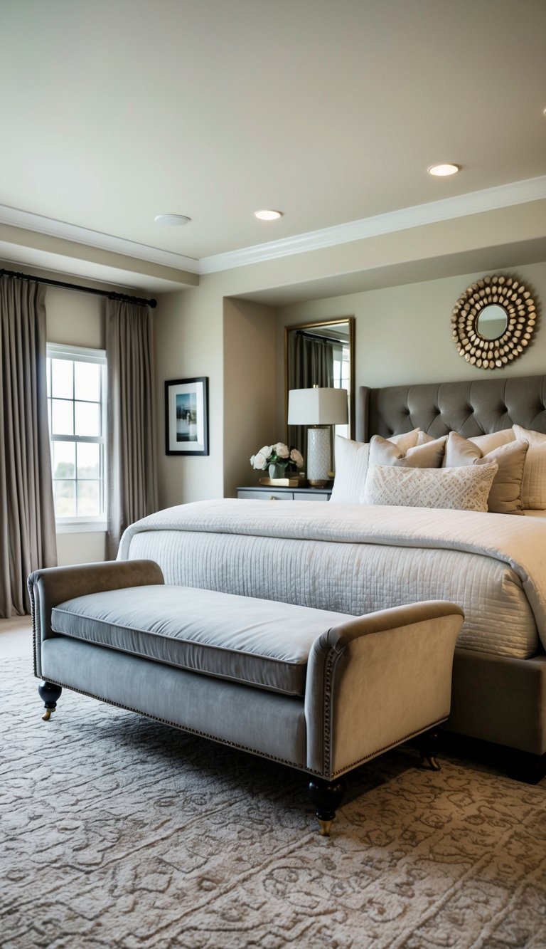 A plush ottoman bench sits at the foot of a luxurious bed in a spacious master bedroom, creating a cozy and inviting atmosphere for couples