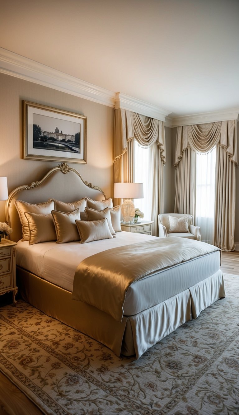 A luxurious bed with silk sheets and elegant decor in a spacious master bedroom