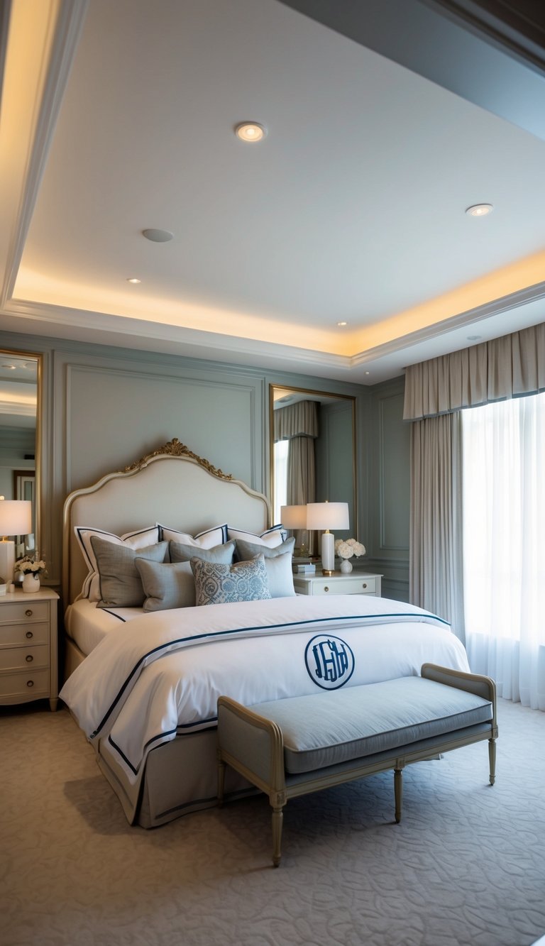 A luxurious king-sized bed with monogrammed bedding, surrounded by elegant decor and soft lighting in a spacious master bedroom