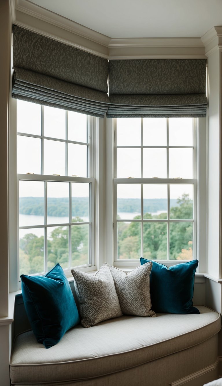 A cozy bay window seating area in a master bedroom, with plush cushions and a scenic view