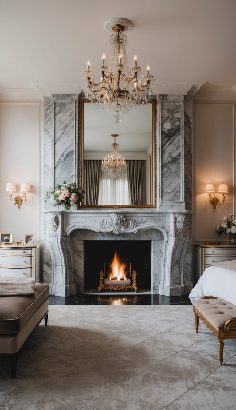 A luxurious master bedroom with a grand marble fireplace as the focal point, creating a romantic and elegant atmosphere for couples