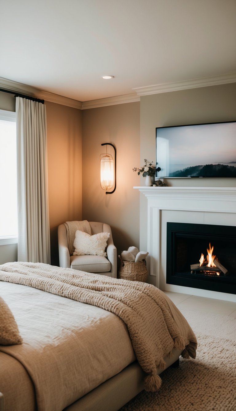 A warm and inviting bedroom with soft, neutral tones, plush bedding, and cozy lighting. A crackling fire adds to the cozy atmosphere