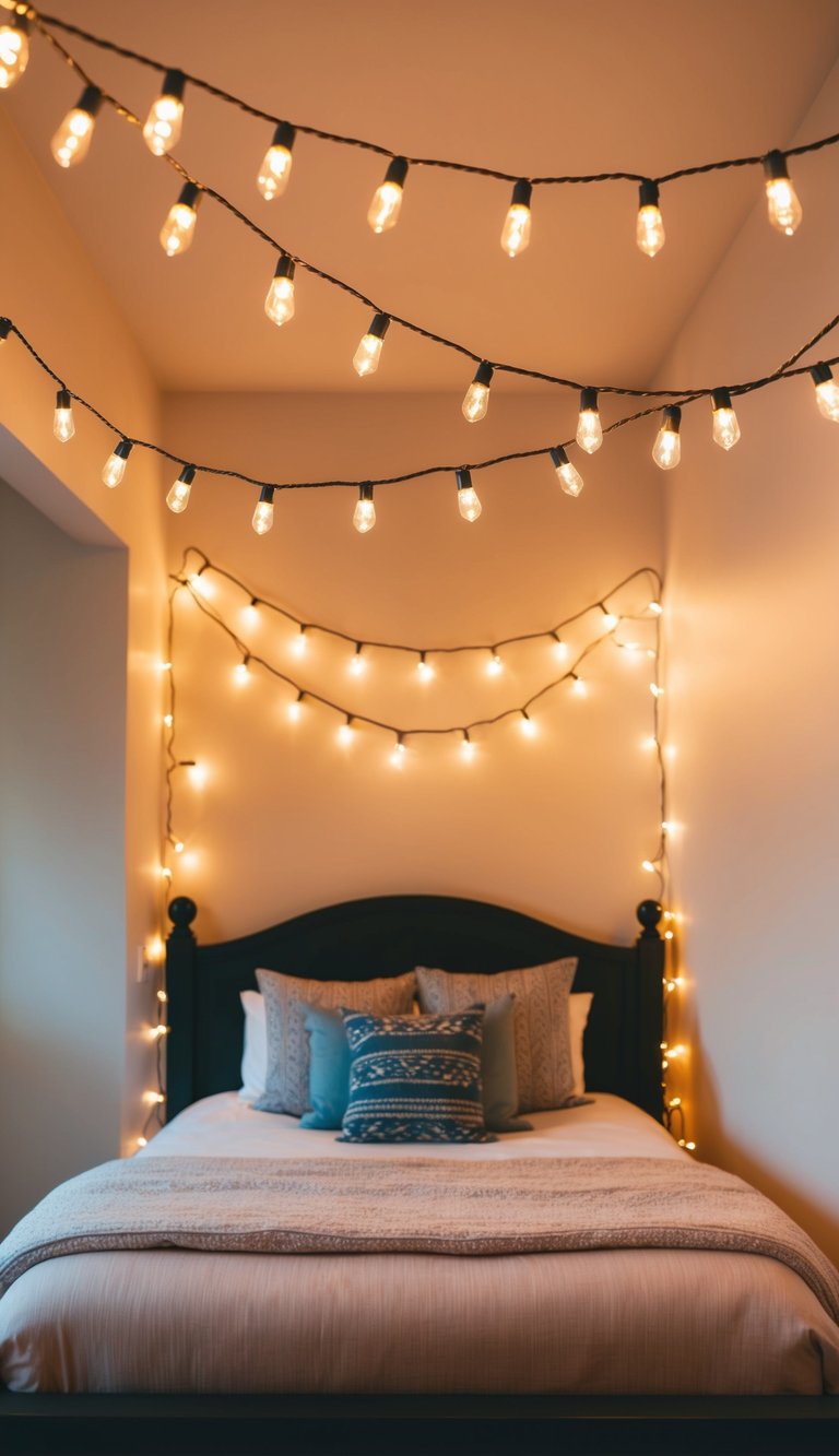 Warm fairy lights hang above a cozy bedroom, casting a soft glow on the bed and surrounding decor