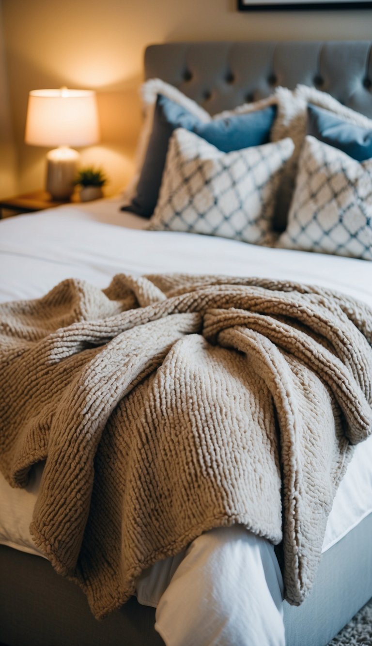 A plush throw blanket drapes over a neatly made bed in a cozy bedroom, surrounded by soft, warm lighting and decorative pillows