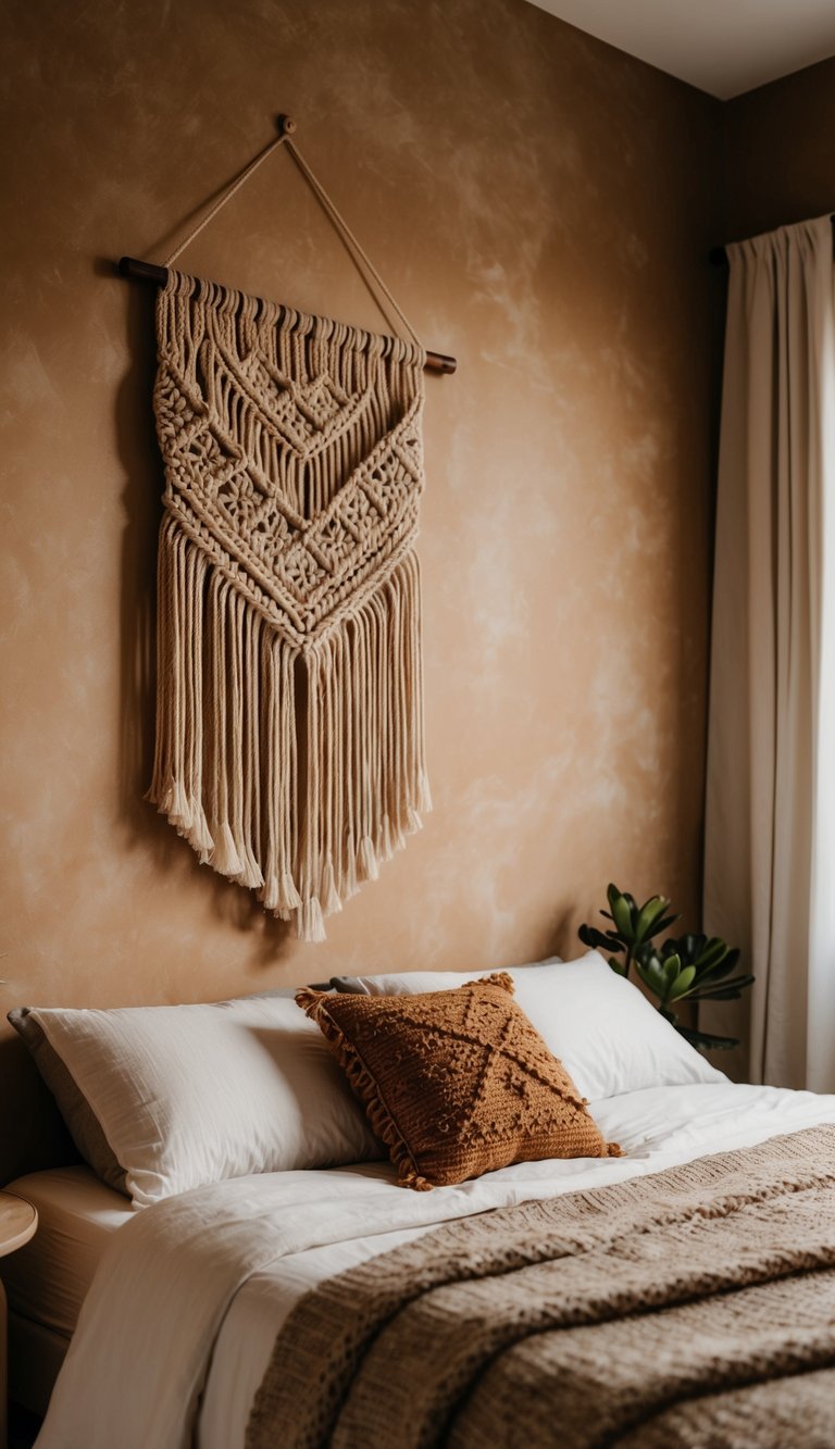 A cozy bedroom with a boho macrame wall hanging as the focal point. Warm, earthy tones and soft textures create a relaxed and inviting atmosphere