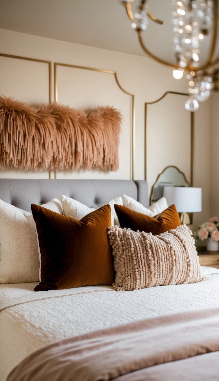 A cozy bedroom with a bed adorned with plush velvet throw pillows, soft lighting, and warm tones