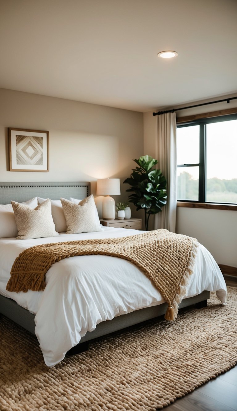 A cozy bedroom with a woven area rug, soft lighting, and comfortable bedding