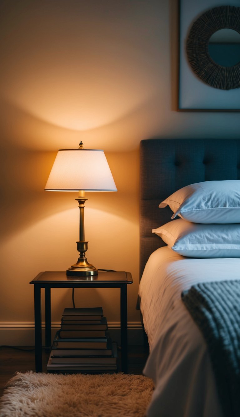 A vintage bedside lamp illuminates a cozy bedroom, casting a warm glow over a neatly made bed, a stack of books, and a plush rug