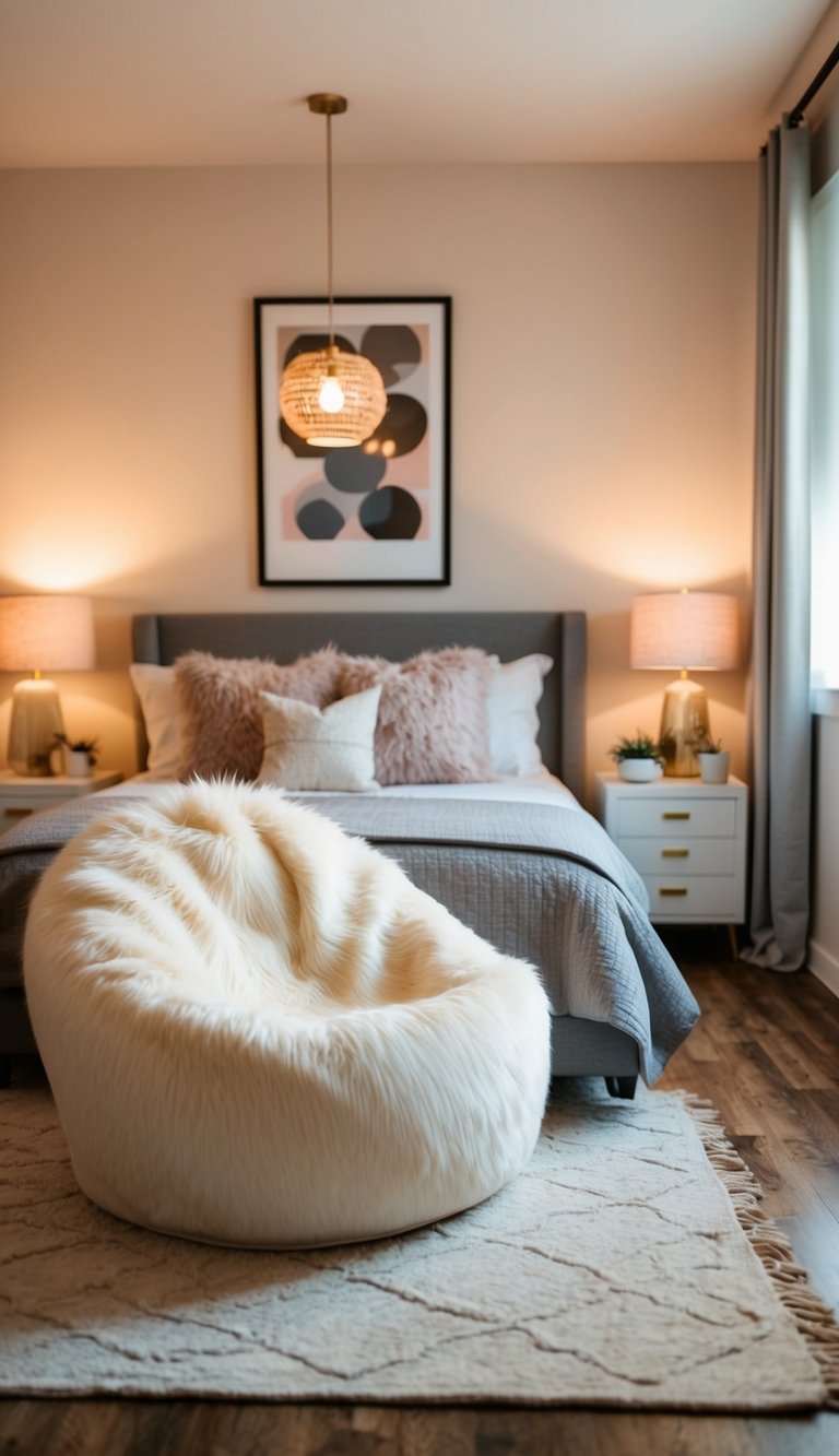 A cozy bedroom with a faux fur bean bag chair, soft blankets, and warm lighting