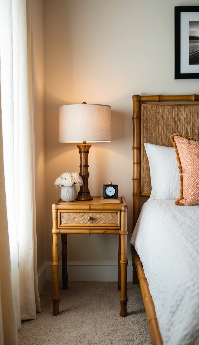 A cozy bedroom with a bamboo bedside table, soft lighting, and warm decor