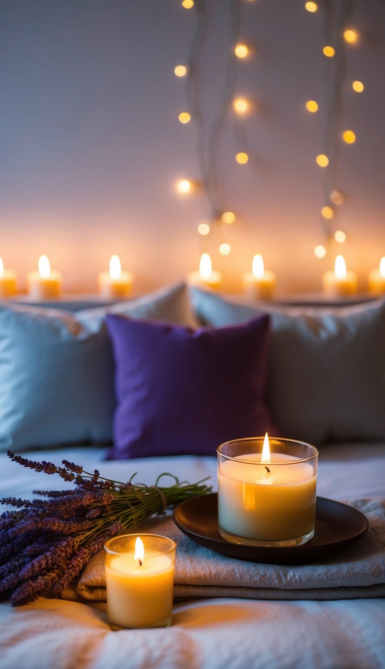 A cozy bedroom with soft lighting from lavender-scented candles, creating a warm and inviting atmosphere