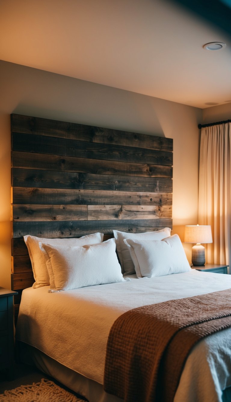 A cozy bedroom with a rustic wood headboard, soft lighting, and warm, earthy tones