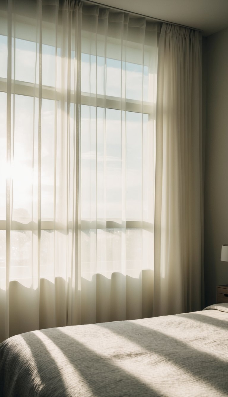 Sunlight filters through sheer white curtains into a cozy bedroom, casting soft shadows on the bed and furniture