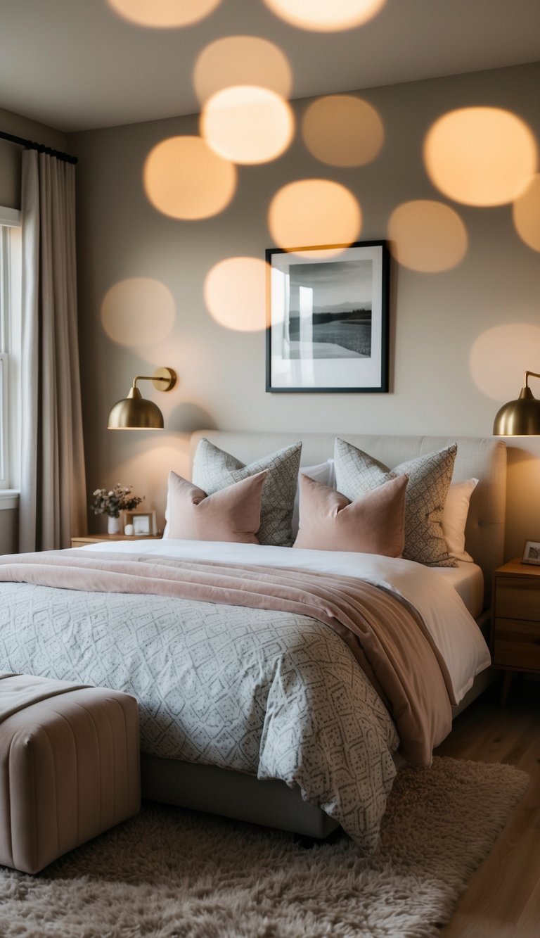 A cozy bedroom with a patterned duvet cover, soft pillows, warm lighting, and a plush rug