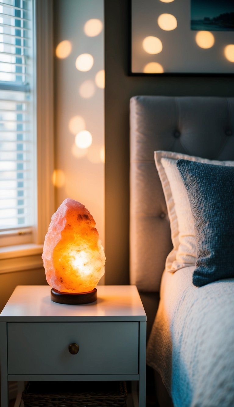 A cozy bedroom with a Himalayan salt lamp casting a warm, soft glow on a nightstand, creating a tranquil and inviting atmosphere