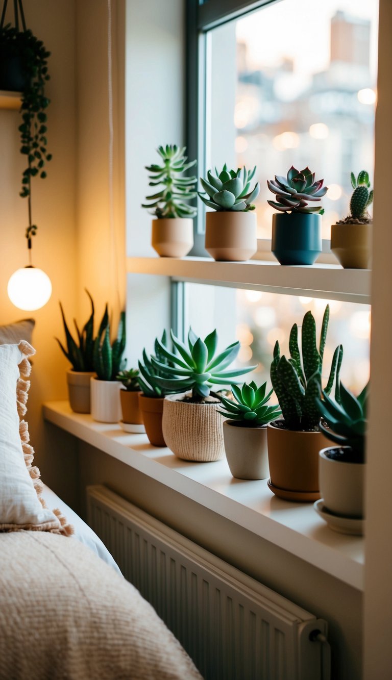 A cozy bedroom with a variety of succulent plants arranged on shelves and windowsills. Warm lighting and soft textiles create a relaxed atmosphere