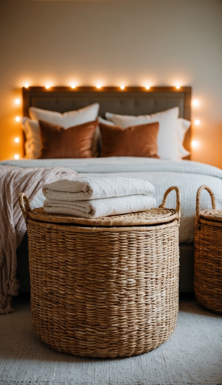 A cozy bedroom with woven storage baskets, warm lighting, and soft textiles