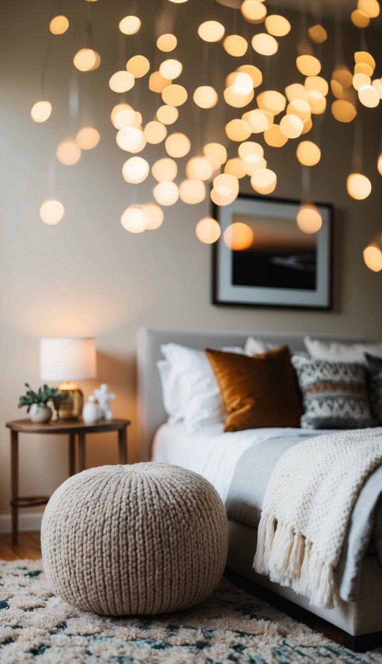 A cozy bedroom with a soft knit pouf surrounded by warm, inviting decor and soft lighting