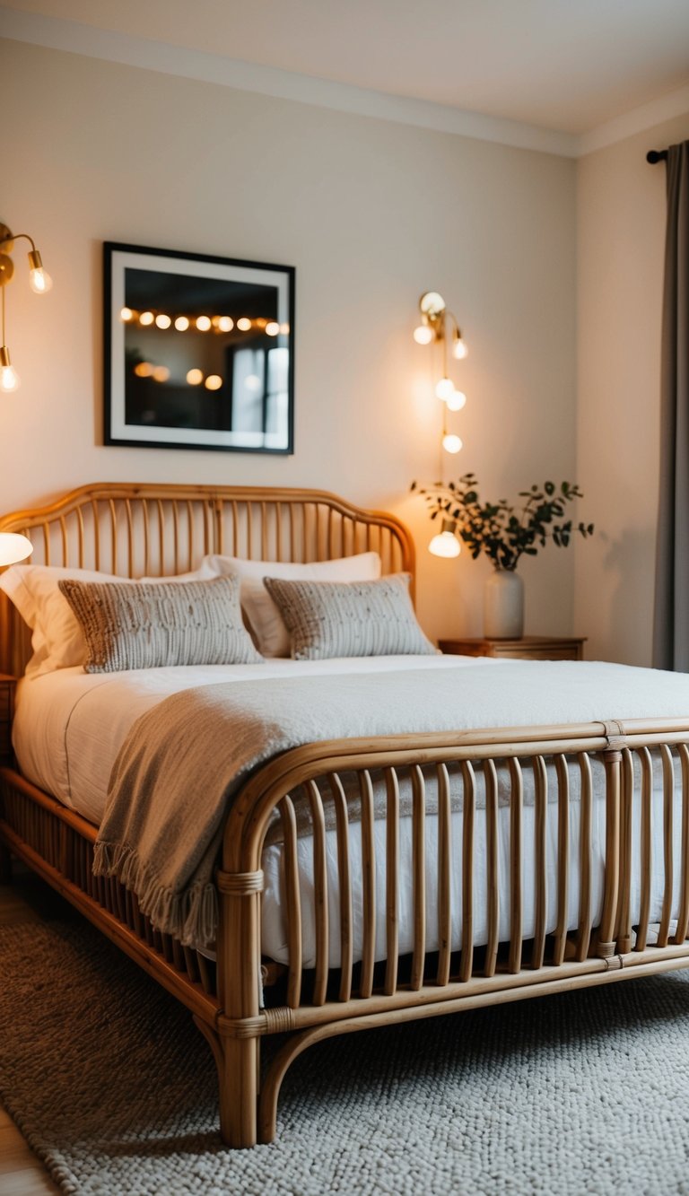 A cozy bedroom with a rattan bed frame, soft blankets, and warm lighting