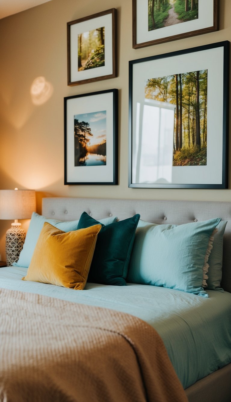 A cozy bedroom with framed nature prints on the walls, soft lighting, and warm, inviting colors