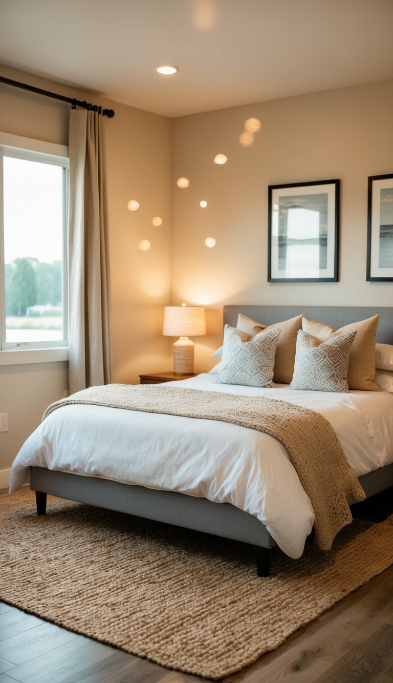 A cozy bedroom with a jute area rug, warm lighting, and comfortable bedding