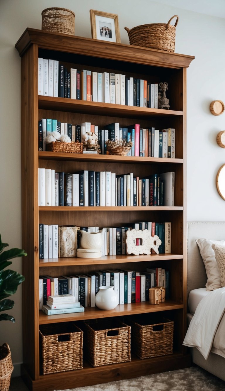 A wooden bookshelf filled with cozy bedroom decor and 24 inspiring ideas