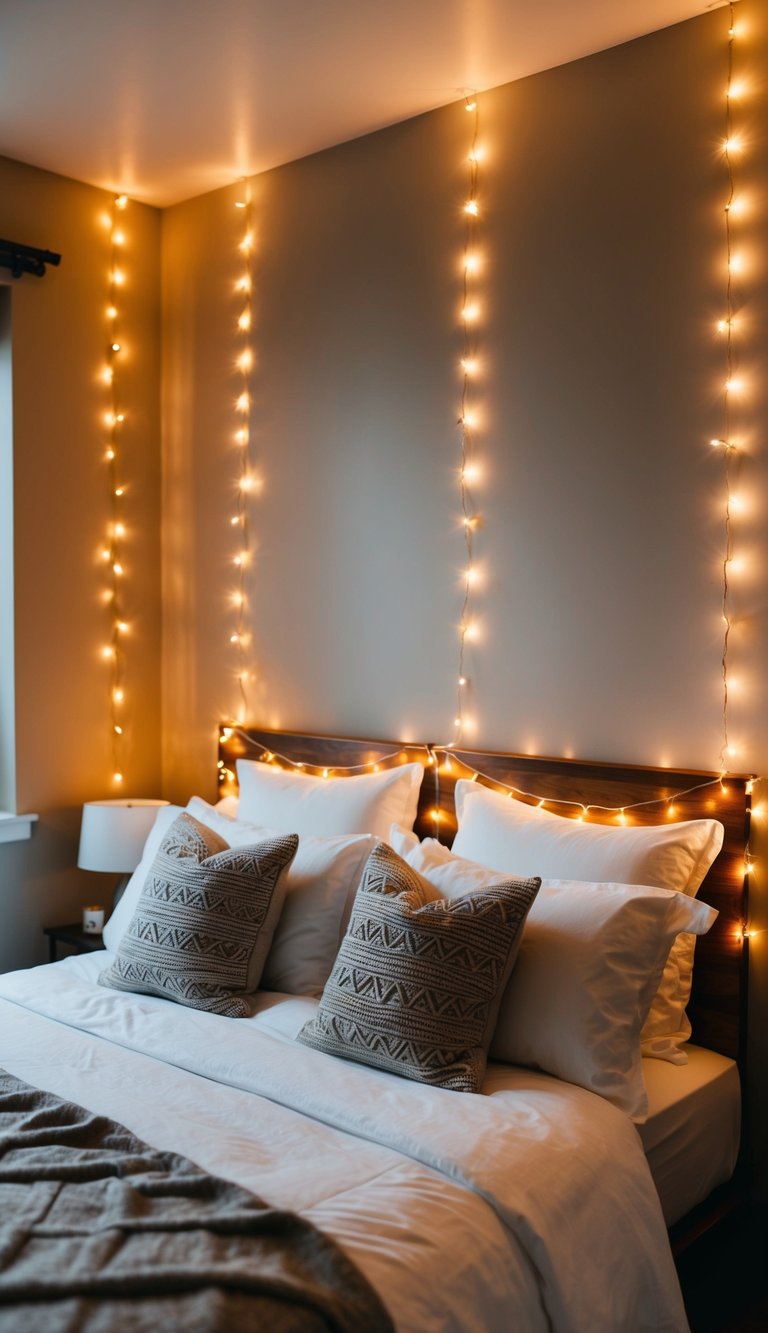 A cozy bedroom with copper string lights draped around the headboard and along the walls, casting a warm and inviting glow