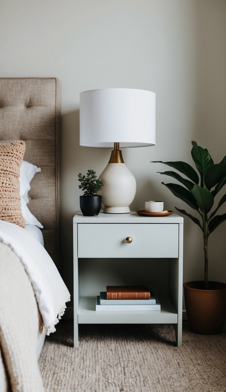 A simple nightstand with a lamp, book, and plant in a cozy bedroom