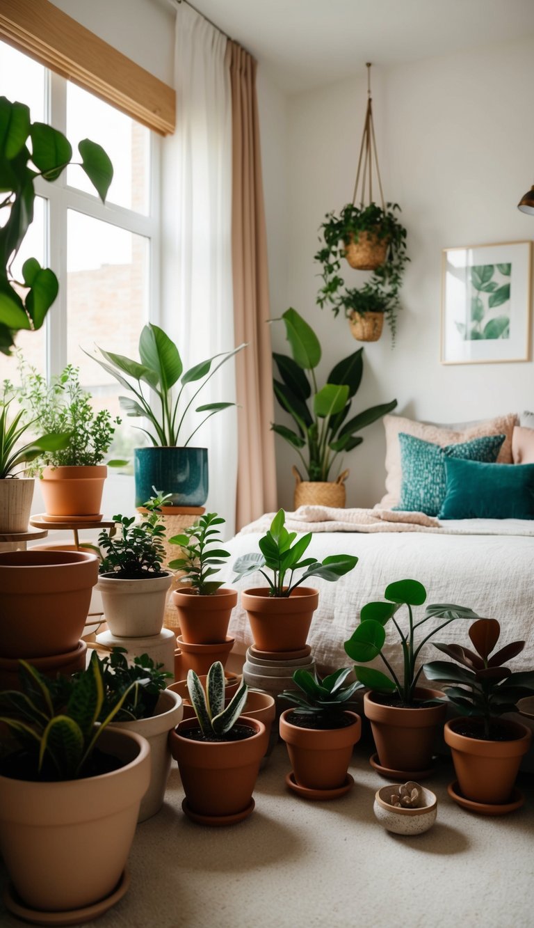 A cozy bedroom with 24 ceramic plant pots of various sizes and designs scattered around the room, adding a touch of greenery and warmth to the space