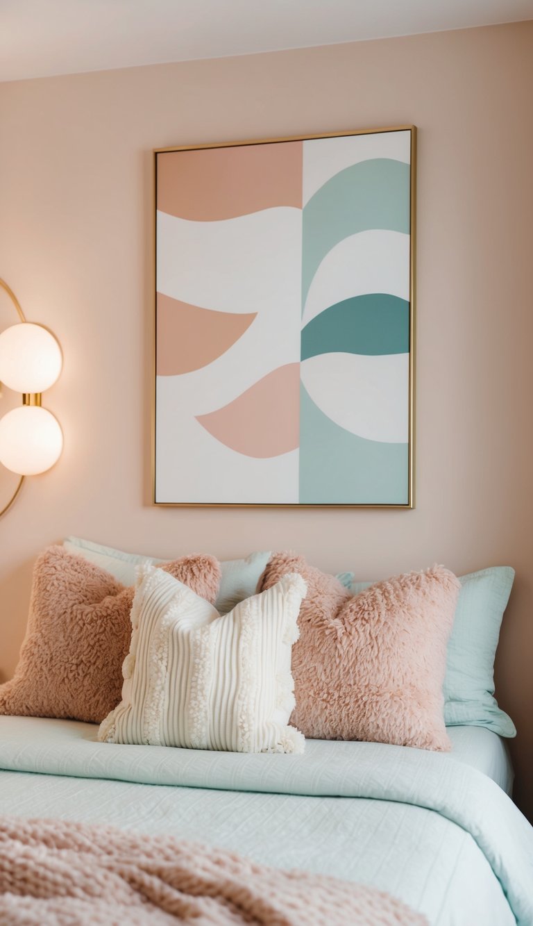 A cozy bedroom with pastel wall art, soft lighting, and plush bedding