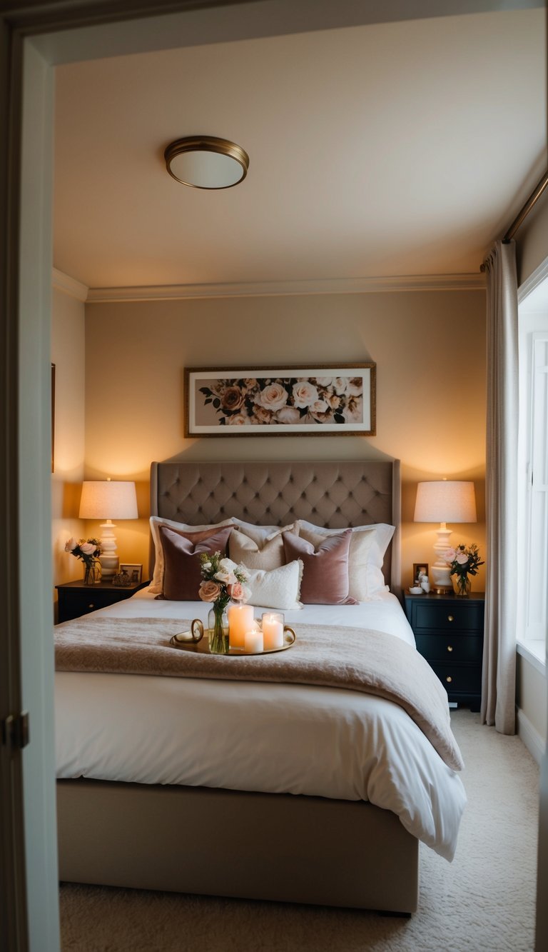 A cozy master bedroom with soft, warm lighting, a plush bed with luxurious bedding, and romantic decor such as candles, flowers, and elegant artwork