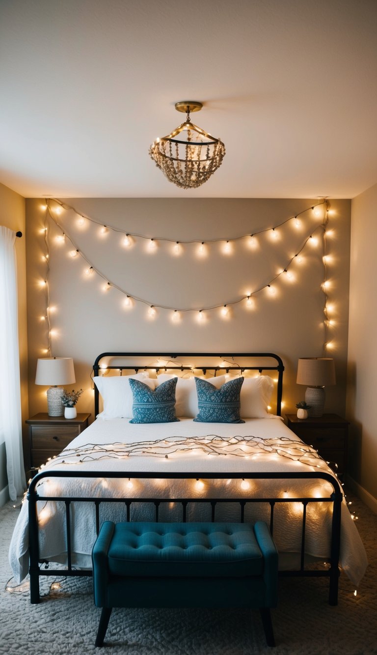 A cozy master bedroom with twinkle string lights draped around the bed frame and hanging from the ceiling, creating a romantic and dreamy atmosphere