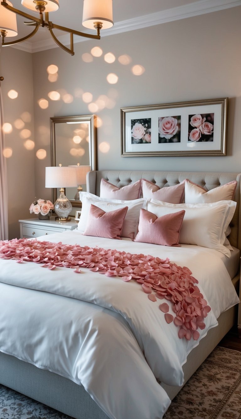 A luxurious master bedroom adorned with rose petal bedding, soft lighting, and romantic decor